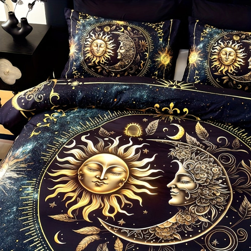 3-Piece Duvet Cover Set with Gold-Tone Sun, Moon, Star and Orbit Print in Twin to King Sizes