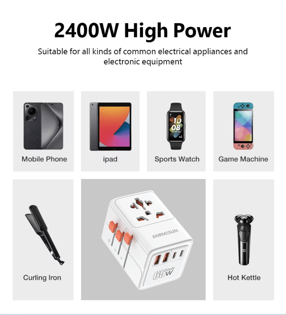 65W Universal Travel Adapter with 4 USB Ports - 2 USB-C & 2 USB-A Fast Charging, US EU UK AU Plugs, 100-240V Input, Overload & Short Circuit Protection, 200+ Countries, White & Black
