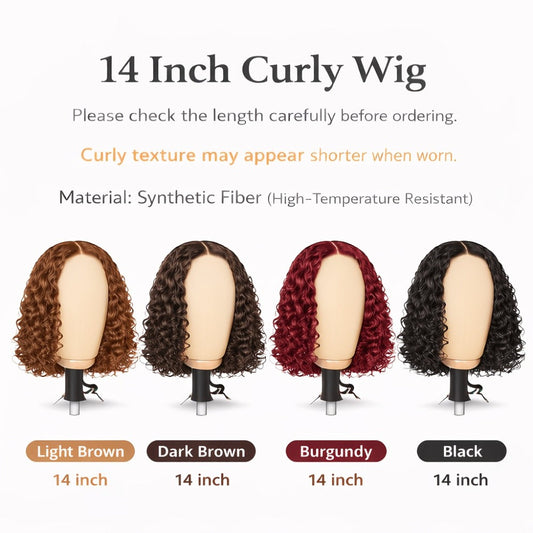 Synthetic Wig 14-Inch Deep-Wave Curly Bob with Glueless Rose Net Cap in Four Colors for Daily Style