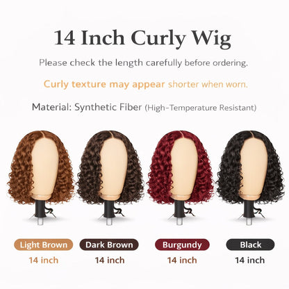 Synthetic Wig 14-Inch Deep-Wave Curly Bob with Glueless Rose Net Cap in Four Colors for Daily Style