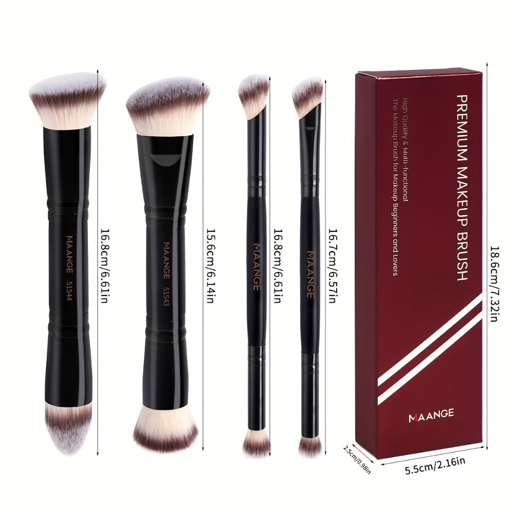 Double-Ended Makeup Brush Set 4Pcs – Bevel Taper Foundation Contour Blush Powder Brushes Professional Travel Makeup Tools Kit for Women Black Beige & Black Gold