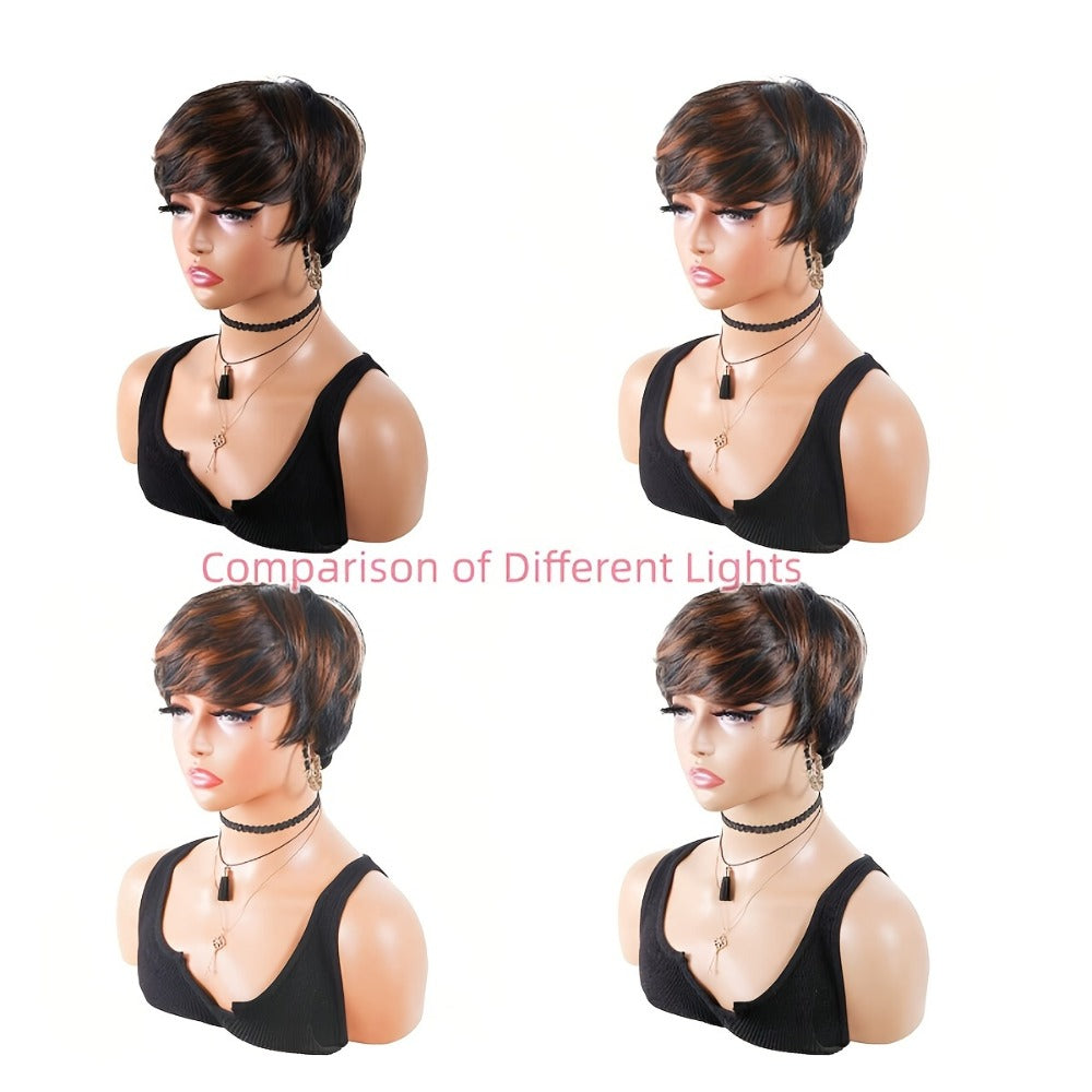 Synthetic Wig 10-Inch Bronze Ombre Pixie with Bangs, Straight Texture and Rose Net Cap for Daily Style