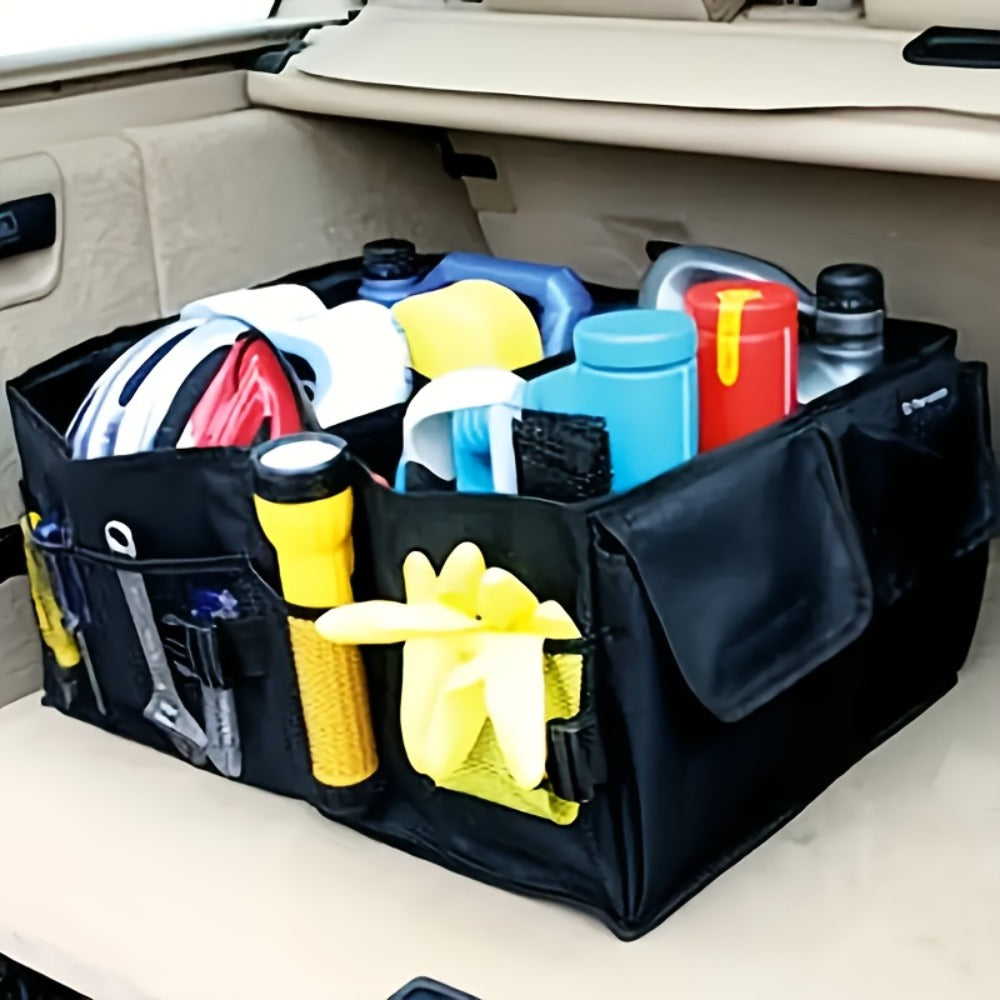 Foldable Car Trunk Organizer with Adjustable Straps – Collapsible Nylon Storage Box for Car Rear Seat & Trunk, Lightweight Car Interior Organizer, Black