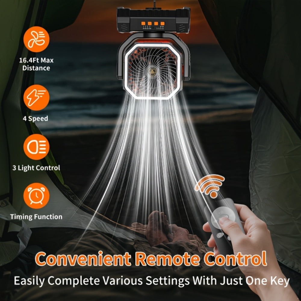 Camping Fan 20000mAh Tabletop and Hanging Fan with 4 Speeds, 13-59 Hour Labeled Runtime, LED Ring and Remote