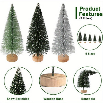 Mini Artificial Christmas Trees Set of 15, Bottle Brush Tabletop Trees with Wooden Base & Snowflake Sprinkles — Bendable Non-Lit Holiday Centerpieces for Christmas, Halloween & Thanksgiving Decor