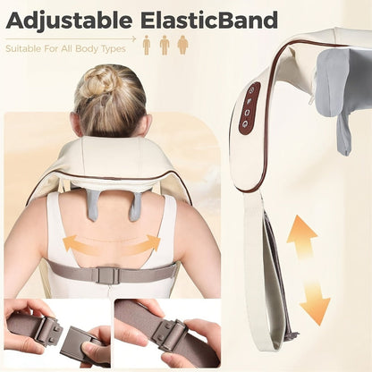6-Node Wireless Neck and Shoulder Massager with Heat, Hands-Free Straps and Beige or White Color Options