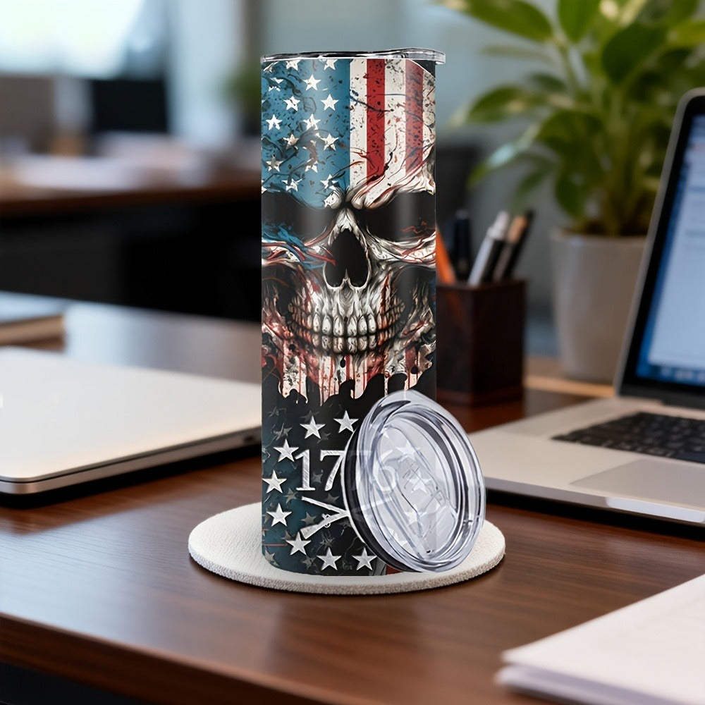 Insulated Tumbler 20oz Patriotic Skull Graphic in Blue with Stainless Steel, Lid and Straw