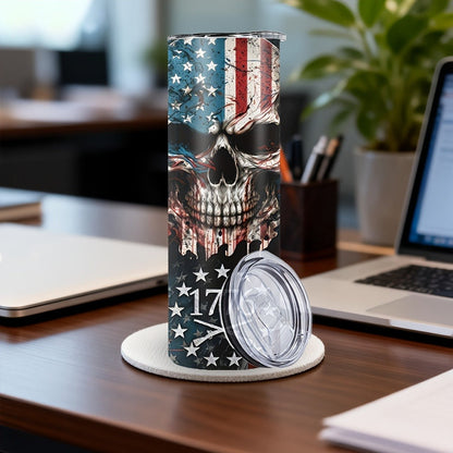 Insulated Tumbler 20oz Patriotic Skull Graphic in Blue with Stainless Steel, Lid and Straw