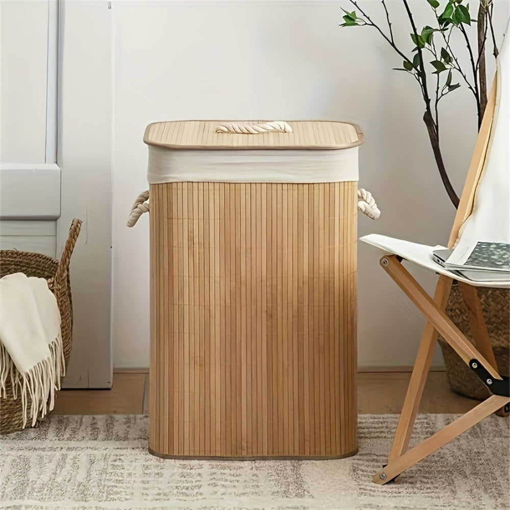 Upgrade or Ordinary Rectangular Collapsible Laundry Hamper with Slatted Body, Lid and Side Handles