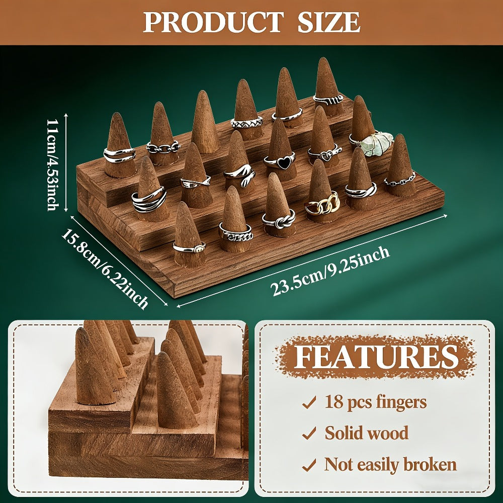 Jewelry Organizer Solid Wood Ring Display Stand in 2-Tier 12-Ring or 3-Tier 18-Ring Options