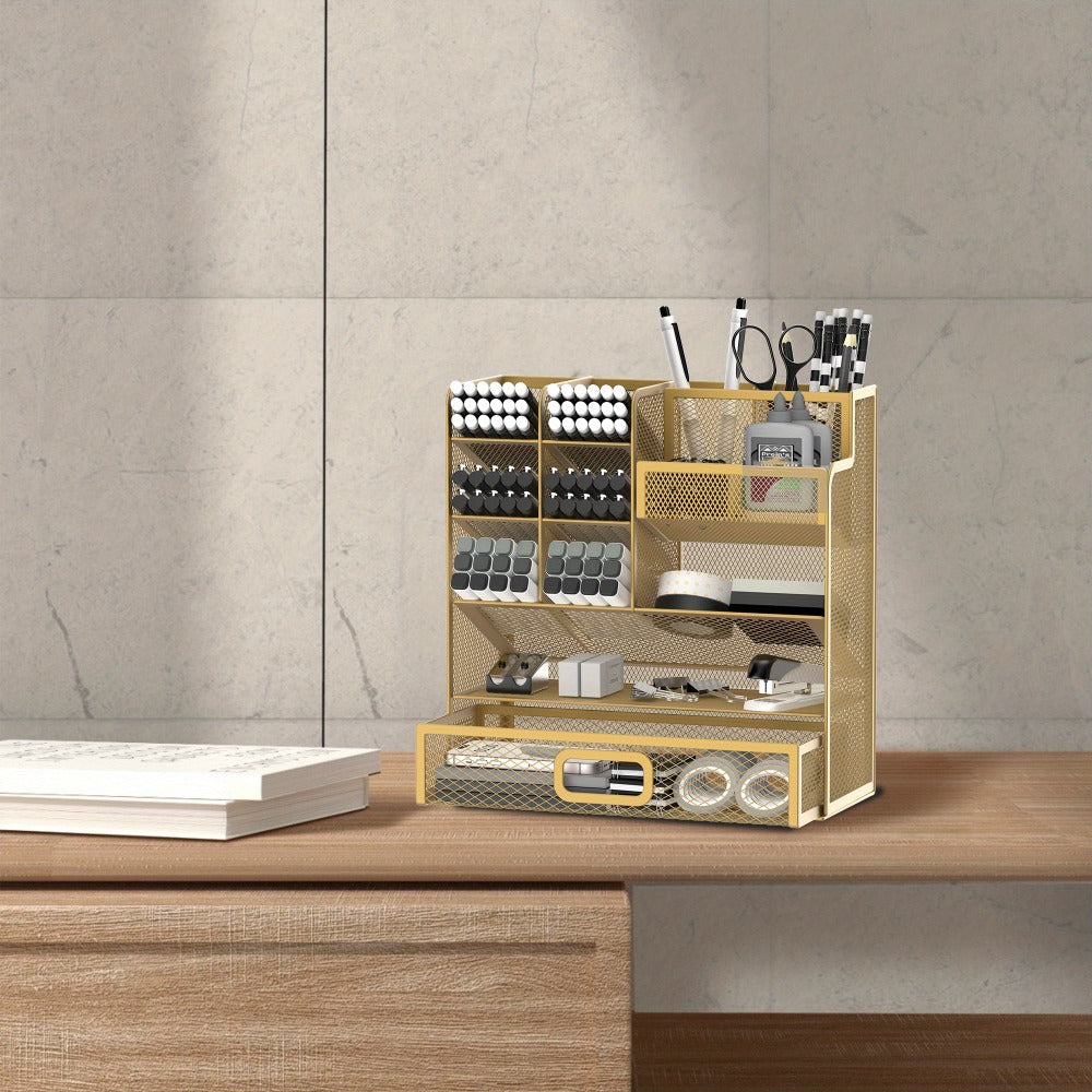 Mesh Desk Organizer with Pull-Out Drawer, Tiered Compartments and Six Color Checkout Options