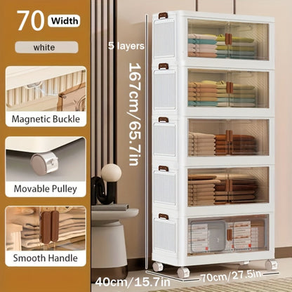 Stackable Storage Cabinet with Doors and Wheels | Collapsible Plastic Locker 1-5 Layers Large Capacity Home Organization for Bedroom Living Room Kitchen Easy Assembly Space Saving