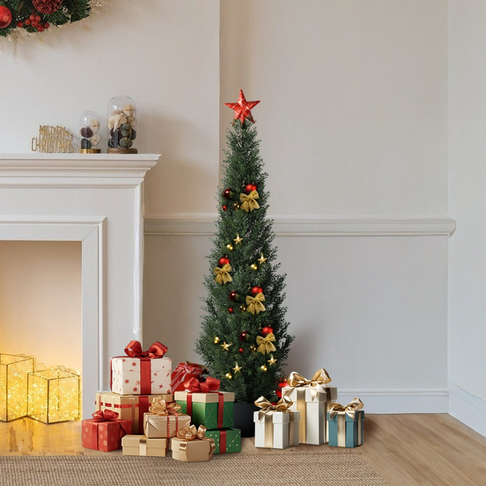 Artificial Cedar Topiary Tree with 3, 4 or 5 ft Height Options, Black Pot and Single or Two-Tree Sets