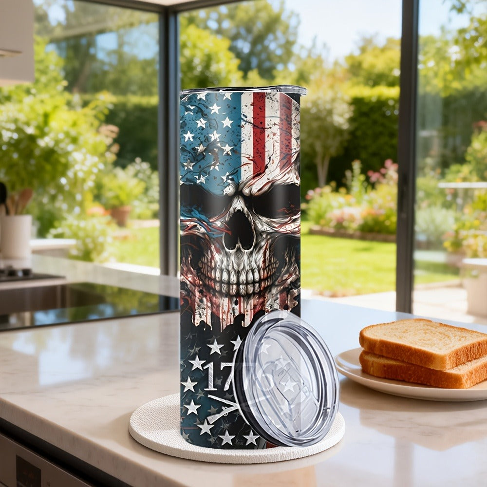 Insulated Tumbler 20oz Patriotic Skull Graphic in Blue with Stainless Steel, Lid and Straw