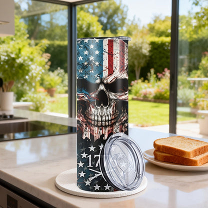 Insulated Tumbler 20oz Patriotic Skull Graphic in Blue with Stainless Steel, Lid and Straw