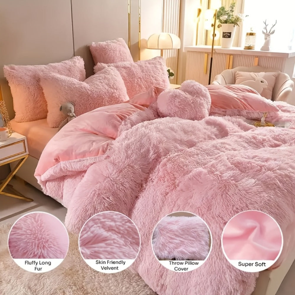 Plush Faux Fur Duvet Cover Set with Heart Pillow, Corner Ties and Twin, Queen or King Sizes in Eight Colors