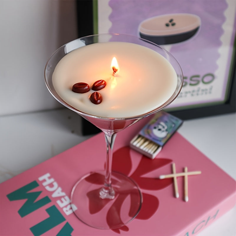Coffee Martini Candle in Stemmed Glass with Layered Design, Coffee Bean and Glitter Details