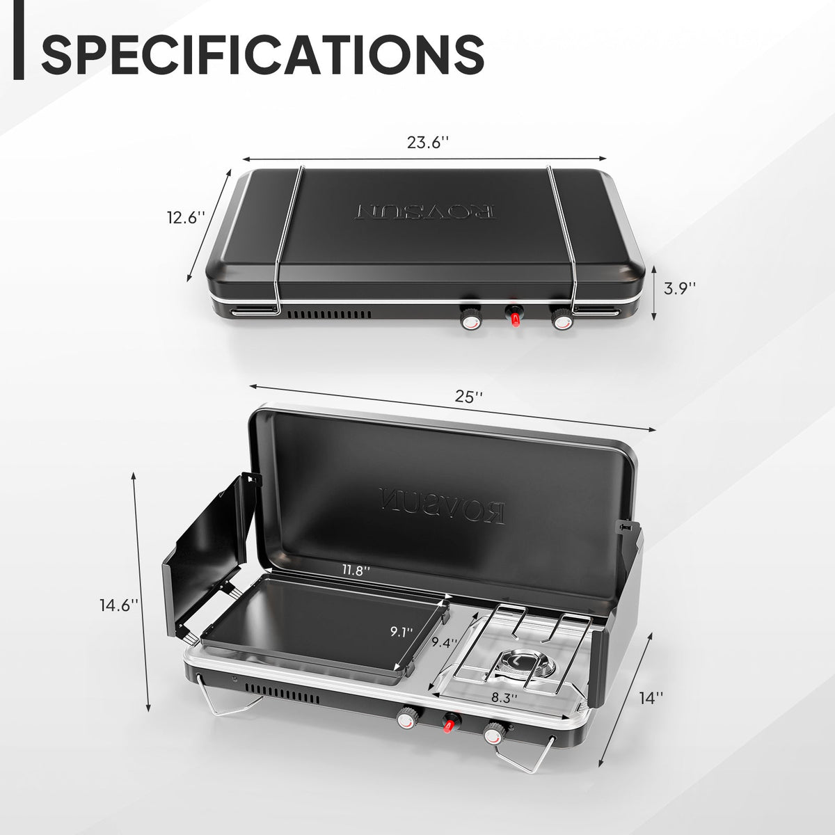 Portable Propane Griddle and Burner Camping Stove with Four Color Labels and 23.23-Inch Closed Width