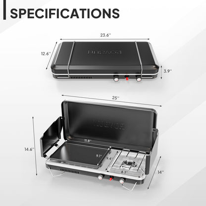 Portable Propane Griddle and Burner Camping Stove with Four Color Labels and 23.23-Inch Closed Width