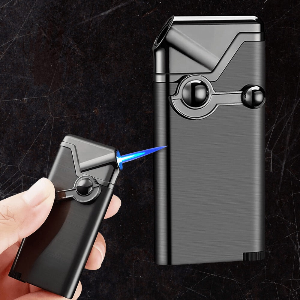 Rocker-Arm Torch Lighter with Straight Flame Outlet and Brushed Silver-Tone Metal Body Design