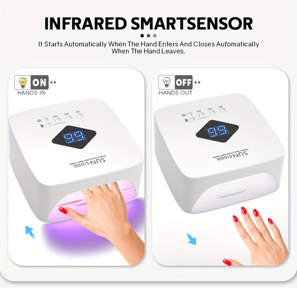 Wireless 30-Bead UV LED Nail Lamp in White with Three Timer Settings and SUN-S10MAX Model Label