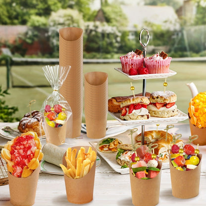 Disposable Charcuterie Cups 8oz with Sticks and Bags - 50 Sets Brown Kraft Paper Snack Cups for Appetizers Party Supplies French Fries Dessert Cups