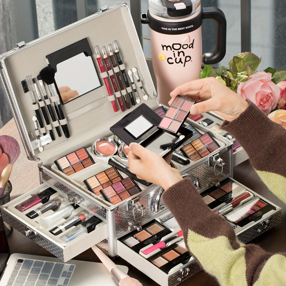 106-Piece Makeup Case Set with Red or Silver Carry Case, Fold-Out Color Palettes, Lip Products and Ten Makeup Brushes