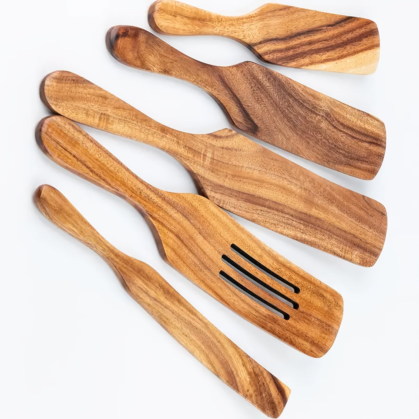 Kitchen Utensils Five-Piece Teak Wood Spurtles and Spatulas with Brown Grain and Hanging Holes for Cooking