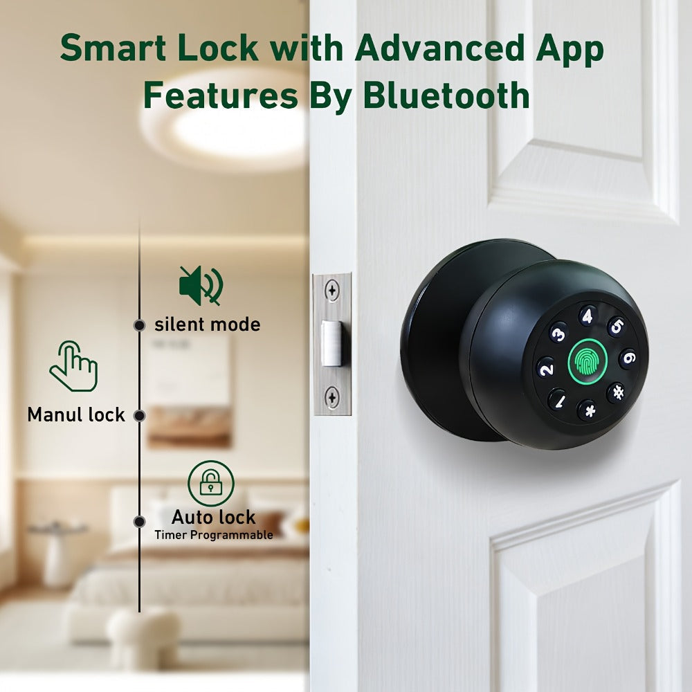 Matte Black Smart Door Knob Lock with Fingerprint & Keypad, App Control, Auto Lock, Keyless Entry Biometric Door Knob for Bedroom Home Office Interior Door, Easy DIY Install