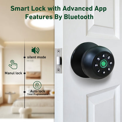 Matte Black Smart Door Knob Lock with Fingerprint & Keypad, App Control, Auto Lock, Keyless Entry Biometric Door Knob for Bedroom Home Office Interior Door, Easy DIY Install