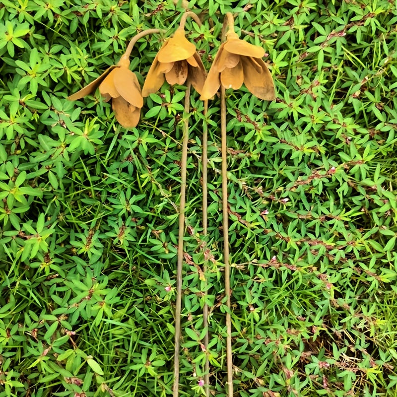 Rustic Metal Snowdrop Garden Stakes, Three-Piece Curved Flower Set with 25 cm Stems for Pots and Borders