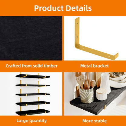 Five-Piece Rustic Floating Shelf Set with Black Metal Brackets in Light Brown, Dark Brown or Black-Gold Finishes