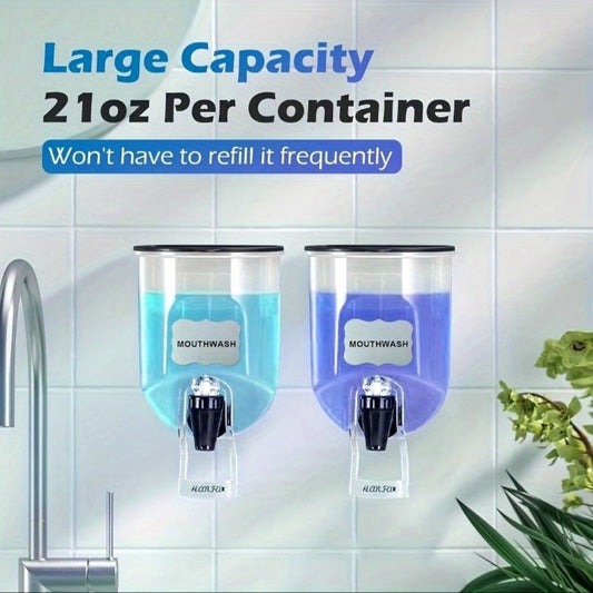 Mouthwash Dispenser Wall Mounted 2-Pack 21 oz Plastic Container - No Electricity Required, Space Saving Bathroom Organizer for Countertop Storage, Durable Refillable Liquid Soap & Rinse Dispenser