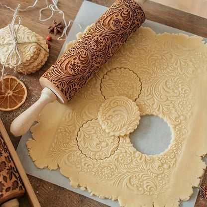 Embossed Wooden Rolling Pin with Engraved Pattern, Decorative Patterned Rolling Pin for Cookie Baking, Christmas Snowflake Flower Design Dough Roller for Fondant Pie Pastry, Baking Gift Kitchen Tool