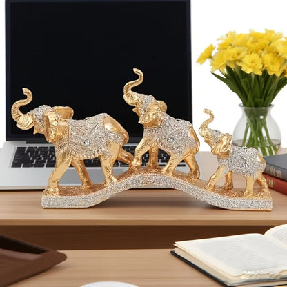 Golden Elephant Family Figurine Set with Three Resin-Look Sculptures on a 14-Inch Display Base