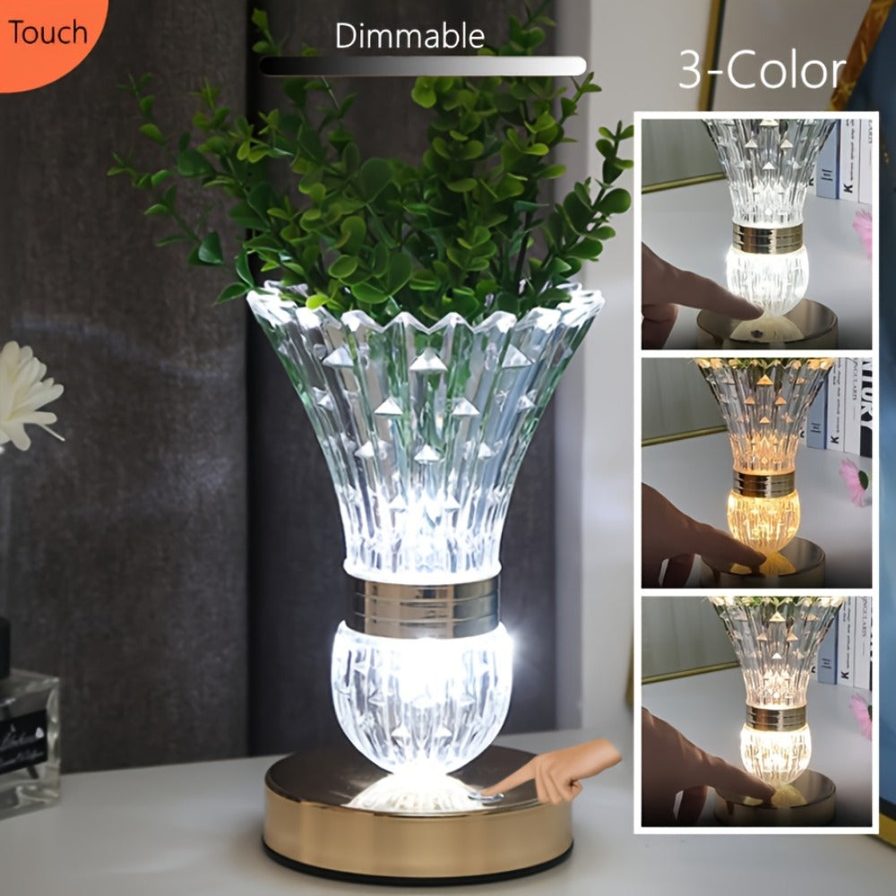 Table Lamp with Crystal Vase Shade, Touch Dimming, USB Rechargeable Power and One or Two-Lamp Options