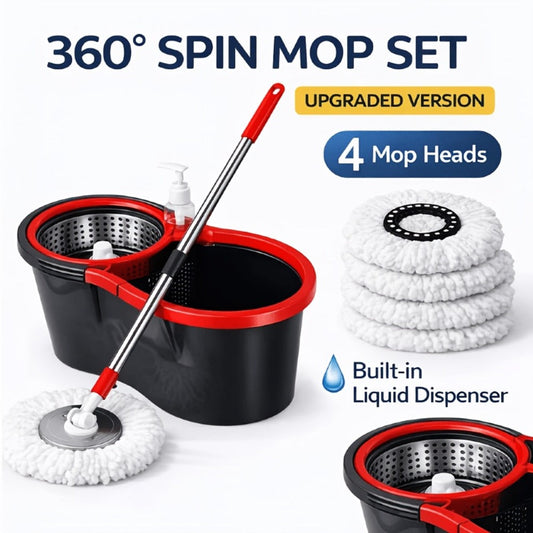 Spin Mop and Bucket Set 360° with 4 Microfiber Mop Heads – Wringer Bucket Floor Cleaning Kit for Hardwood Tile Laminate – Spinning Mop System Home Kitchen