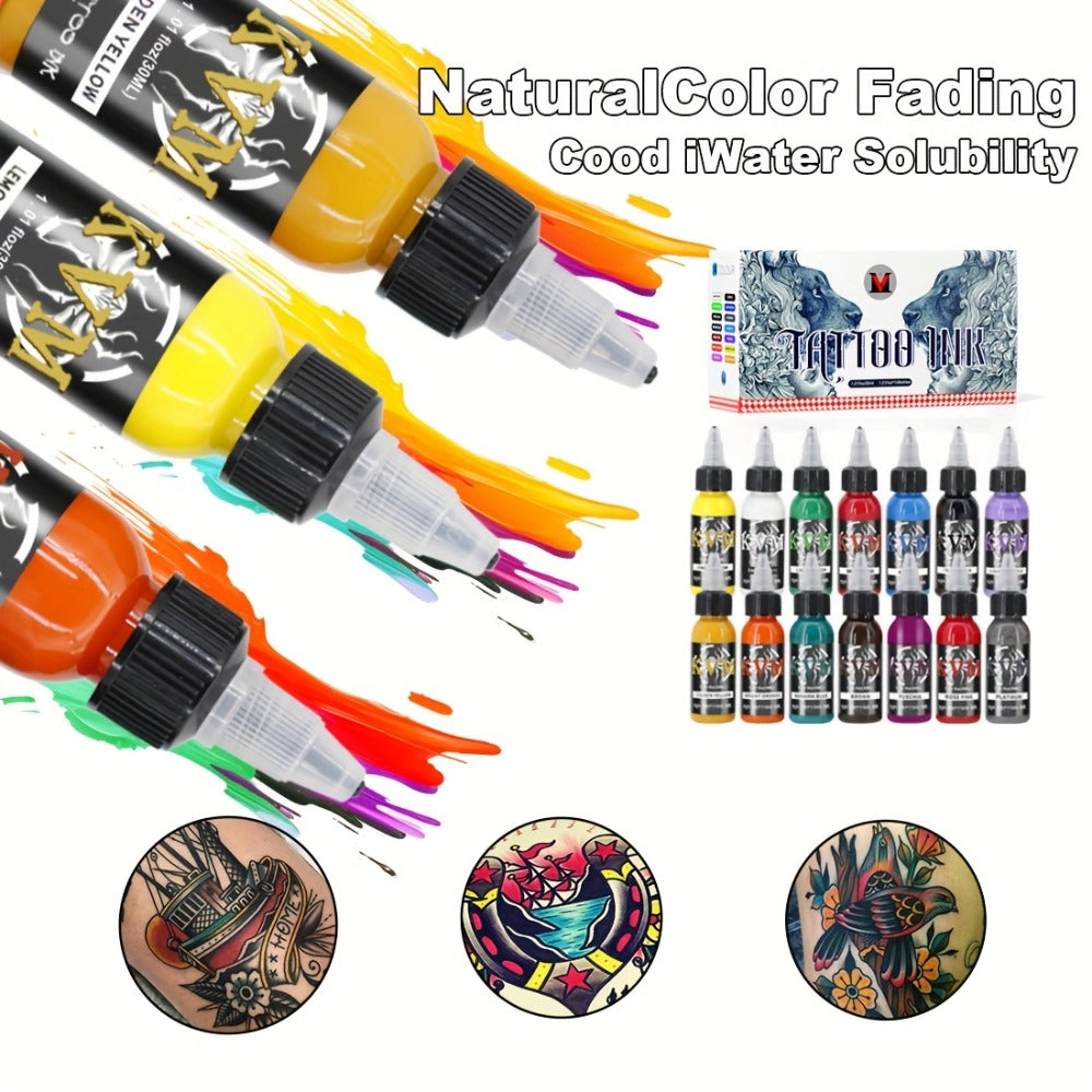 1oz Tattoo Ink Set 7 & 14 Colors Professional - 30ml Stable Vibrant Pigment Bottles, Fade-Resistant Permanent Ink for Rotary Coil & Pen Tattoo Machine, Complete Color Kit for Artists & Beginners