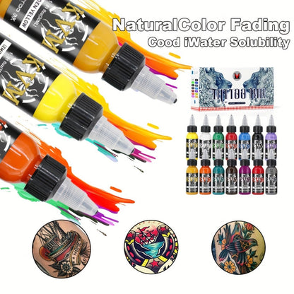 1oz Tattoo Ink Set 7 & 14 Colors Professional - 30ml Stable Vibrant Pigment Bottles, Fade-Resistant Permanent Ink for Rotary Coil & Pen Tattoo Machine, Complete Color Kit for Artists & Beginners