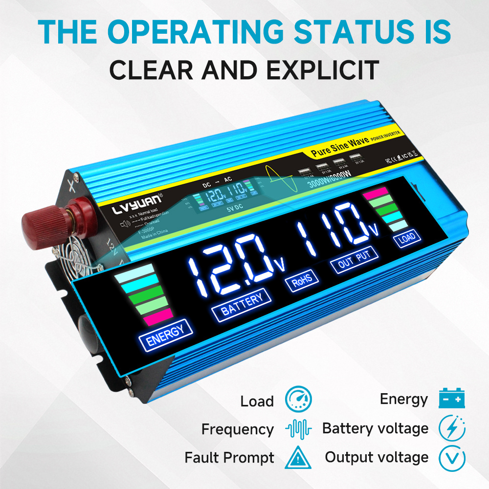 Blue 12V or 24V DC to 110V AC Power Inverter with LCD, Four AC Receptacles and Remote Presentation