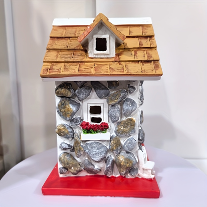 Stone-Look Cottage Garden Ornament in One-Piece Resin with Red Door, Shingled Roof and Hanging Loop