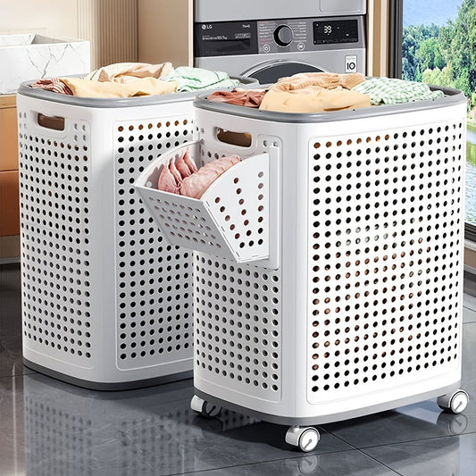 Wheeled Laundry Hamper Large Foldable with Dividers & Dust-Proof Lid – 360° Breathable Mesh Basket on Wheels, Reinforced Steel Base, Portable Clothes Organizer for Bedroom, Bathroom & Dorm
