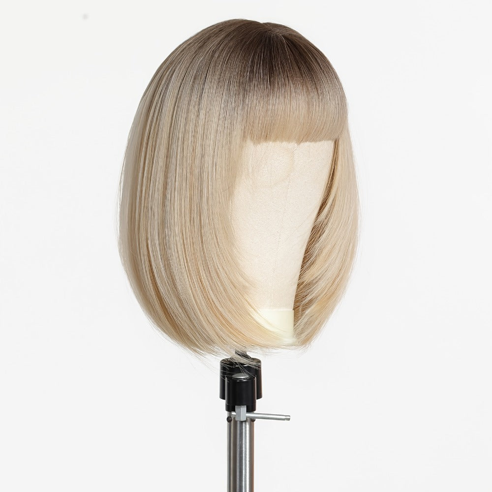Synthetic Wig 14-Inch White Golden Straight Style with Full Bangs and Glueless Rose Net Cap