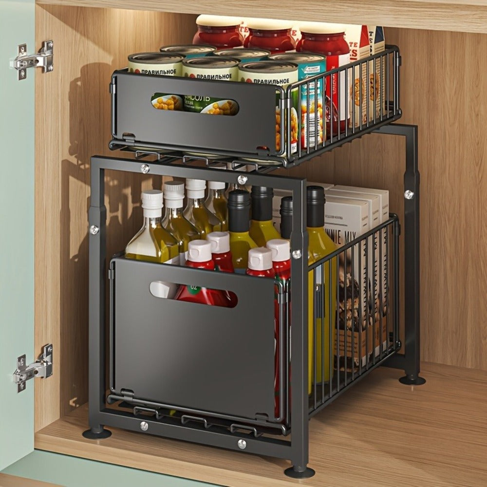 Two-Tier Under-Sink Cabinet Organizer with Sliding Metal Baskets in One- or Two-Piece Options