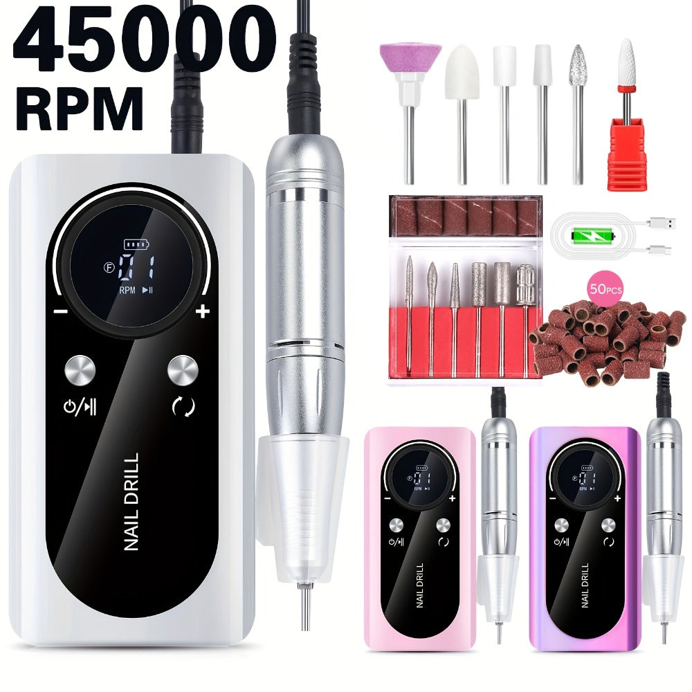 Low Noise Nail Drill Machine 45000RPM Rechargeable with LCD Display — Quiet Electric E-File for Gel Polish Acrylic Natural Nails, Professional Cordless Nail Sander for Home & Salon Manicure, White Purple Pink