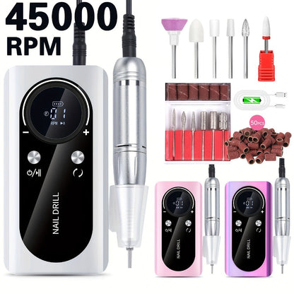 Low Noise Nail Drill Machine 45000RPM Rechargeable with LCD Display — Quiet Electric E-File for Gel Polish Acrylic Natural Nails, Professional Cordless Nail Sander for Home & Salon Manicure, White Purple Pink