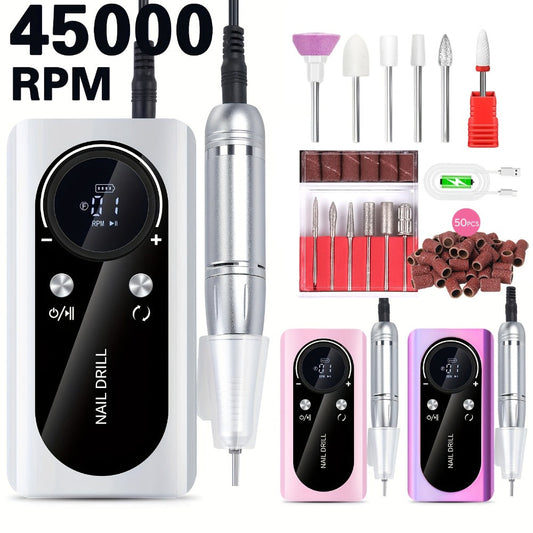 Low Noise Nail Drill Machine 45000RPM Rechargeable with LCD Display — Quiet Electric E-File for Gel Polish Acrylic Natural Nails, Professional Cordless Nail Sander for Home & Salon Manicure, White Purple Pink