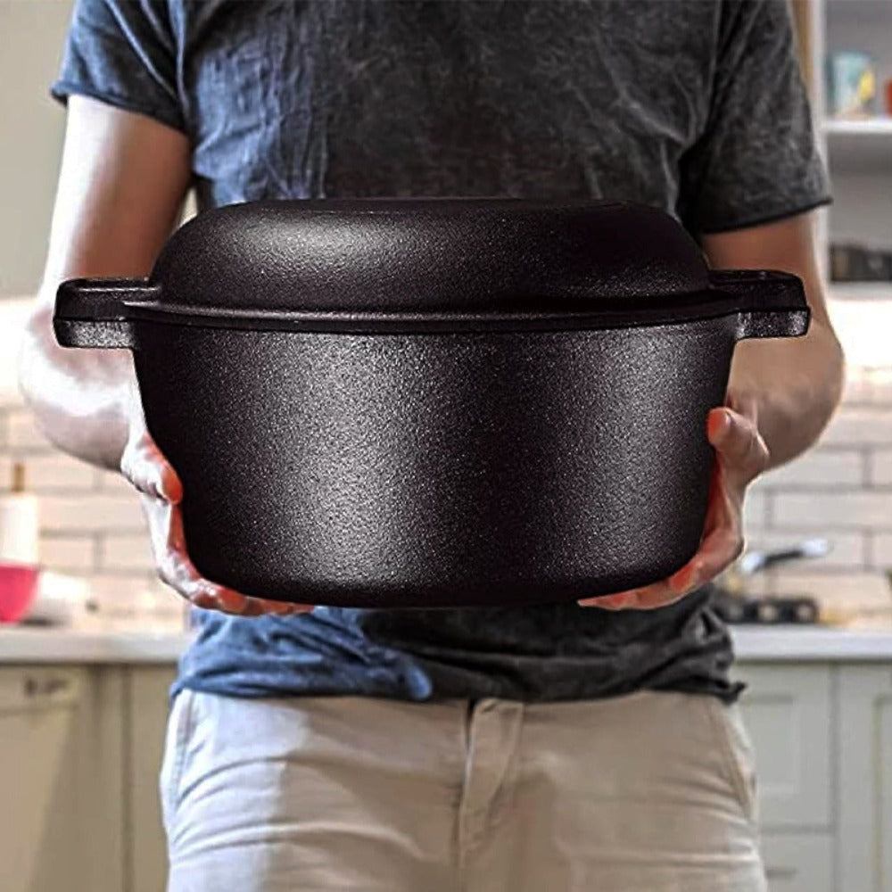 6-Piece Cast Iron Dutch Oven Set with 6.1QT Pot, 1.9QT Skillet Lid, Handle Covers, Support Frame and Scraper