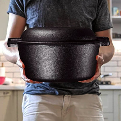 6-Piece Cast Iron Dutch Oven Set with 6.1QT Pot, 1.9QT Skillet Lid, Handle Covers, Support Frame and Scraper