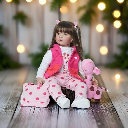 Open-Eye 24-Inch Girl Doll with Long Dark Hair, Pink Vest, Spotted Outfit and Plush Companion